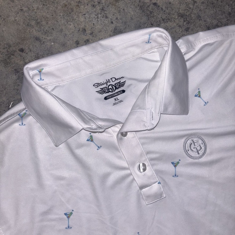 Straight Down Polo Shirt Mens XL White Martini Glass Print Golf Performance Fit